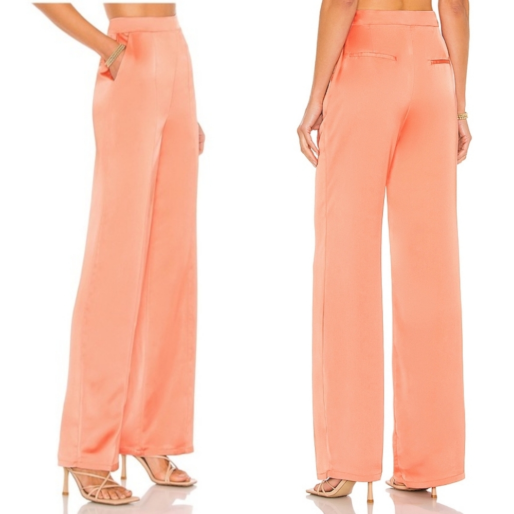 Lovers + Friends Zuria Pant Wide Leg Salmon Peach Satin Size S Relaxed fit